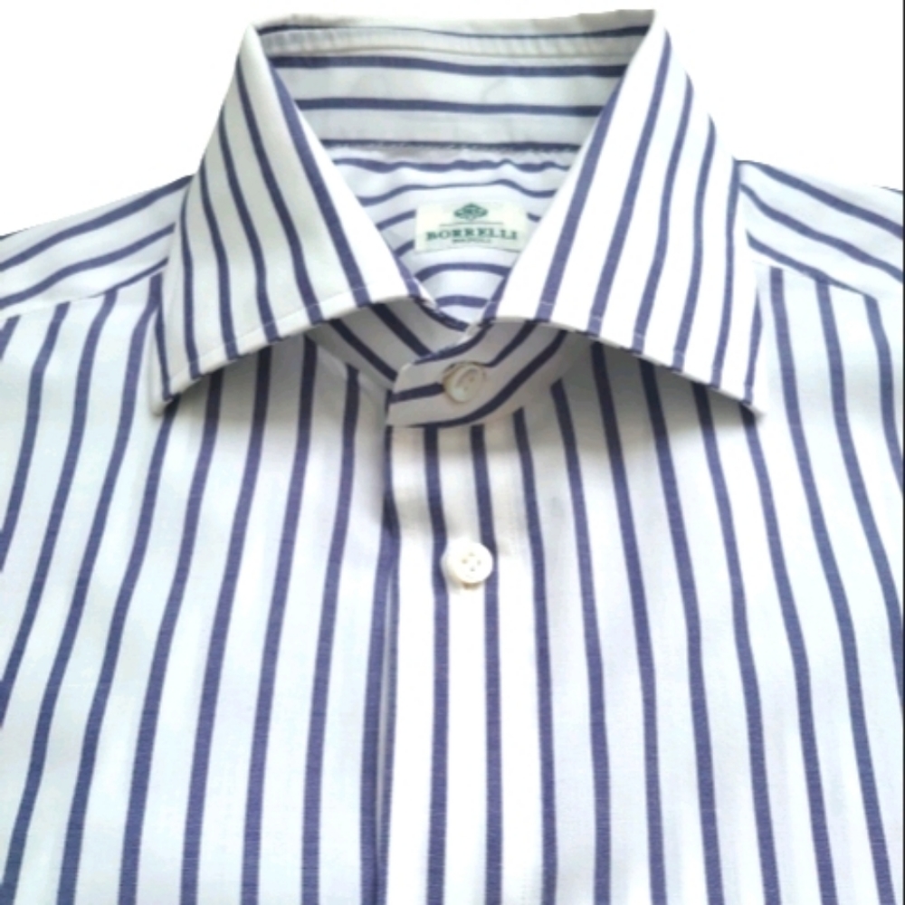 BORRELLI NAPOLI Elegant Cotton Dress Shirt Men's White with Navy Stripes